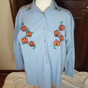 Vintage Falls Creek Jack-o-lantern Embroidered Pumpkins Top Size 20W